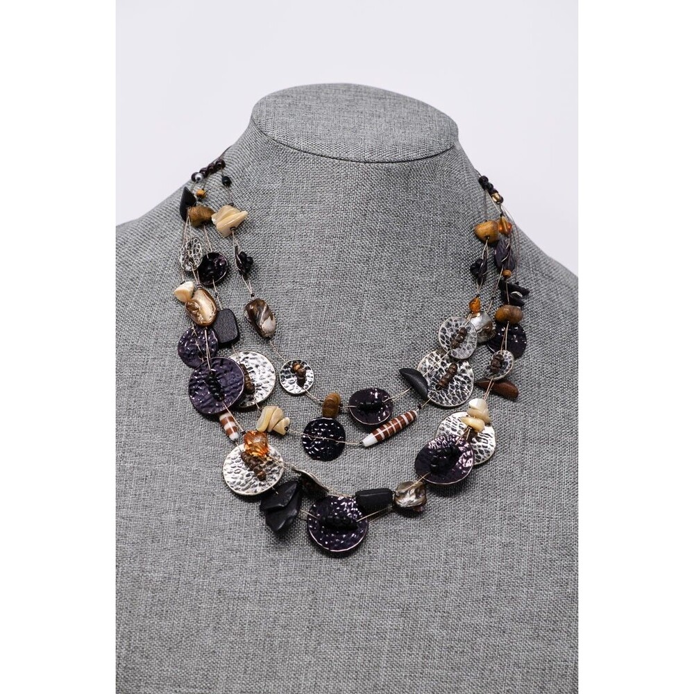 Chico's statement necklace silver tone glass shell beads wire 18-22"